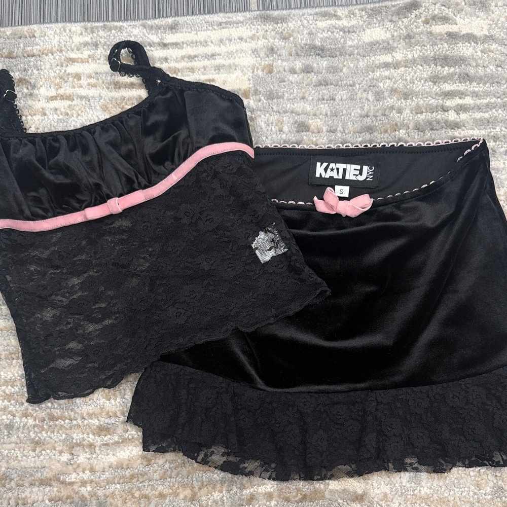 Katie J NYC Black Satin & Lace Camisole and Skirt Set with Pink Trim